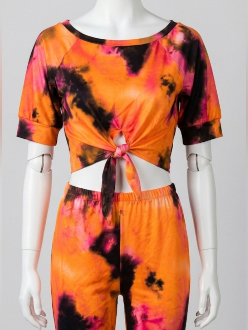 Tie-Front Crop Top and Shorts Set in Orange Tie-Dye